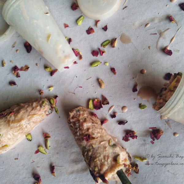 Gulkand kulfi  (Rose petal jam creamsicles)