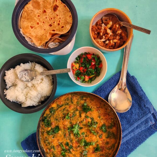 Singdana Paalak dal (peanut spinach in pigeon pea lentils)