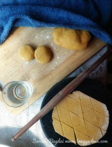 wheat flour dough balls and rolled dhokli